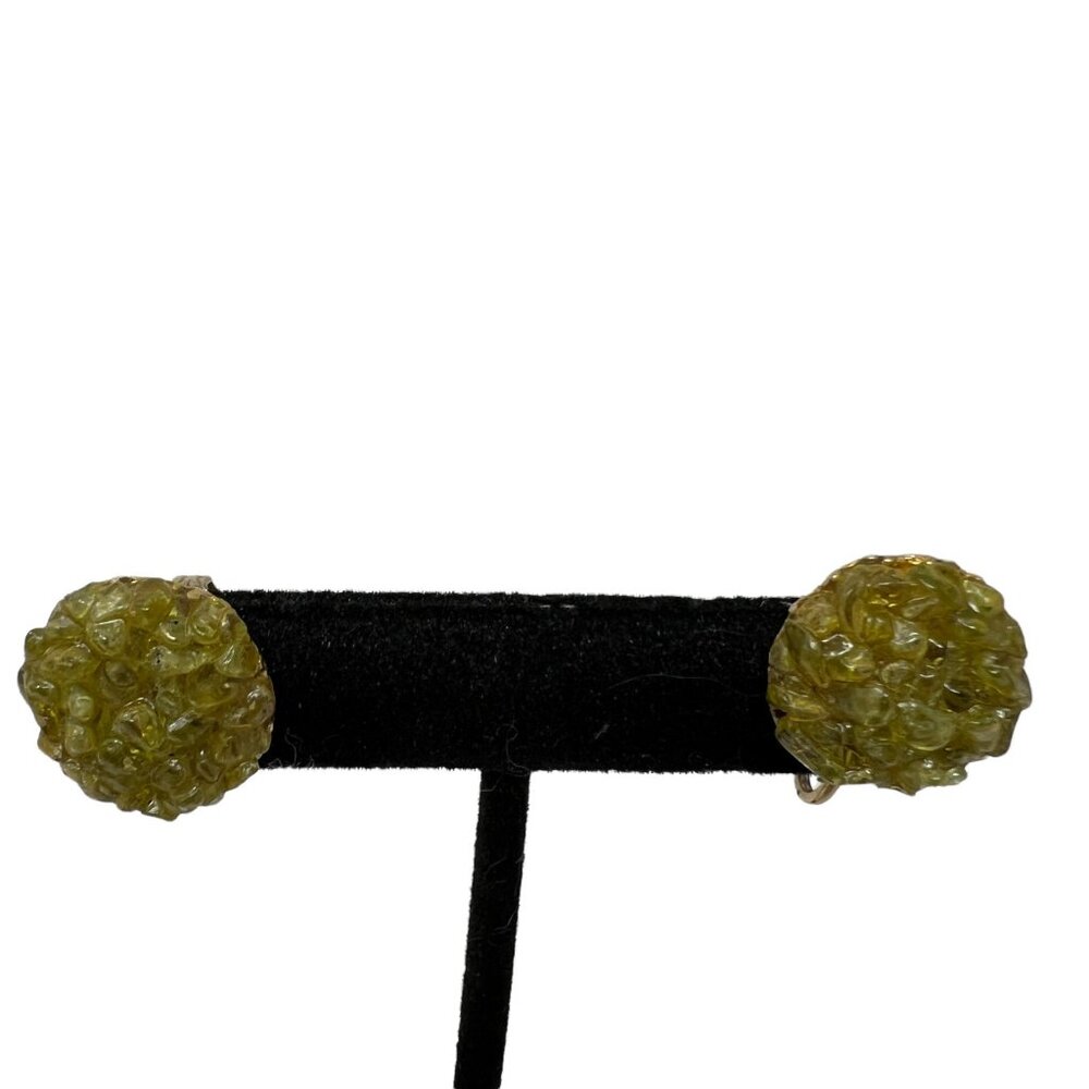 Vintage Green Earrings Round Crushed Chip‎ Stone Clip On